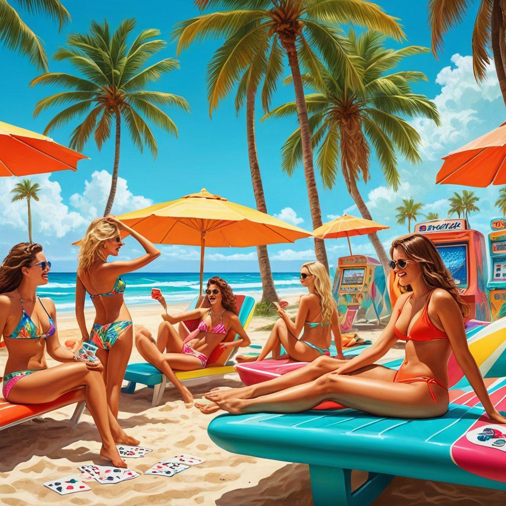 A vibrant beach scene featuring a diverse group of people in colorful bikinis, joyfully playing cards under a bright sun. In the background, a retro arcade machine is nestled among palm trees, inviting onlookers to dive into gaming fun. Include playful ocean waves and beach accessories like surfboards and beach balls. Use a blend of tropical colors and lively patterns to capture the essence of summer and excitement. retro-style, vibrant colors, cartoonish.
