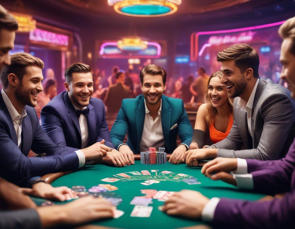 A colorful scene depicting a lively poker table with players engaged in a game of Five Card Draw, chips stacked high, expressions of joy and excitement on their faces. The background showcases a vibrant gaming environment, complete with neon lights and a blurred crowd to emphasize the lively atmosphere. Include detailed playing cards in an arc above the table, showcasing different suits. The overall mood should exude fun and competitive spirit. super-realistic. vibrant colors. 3D.