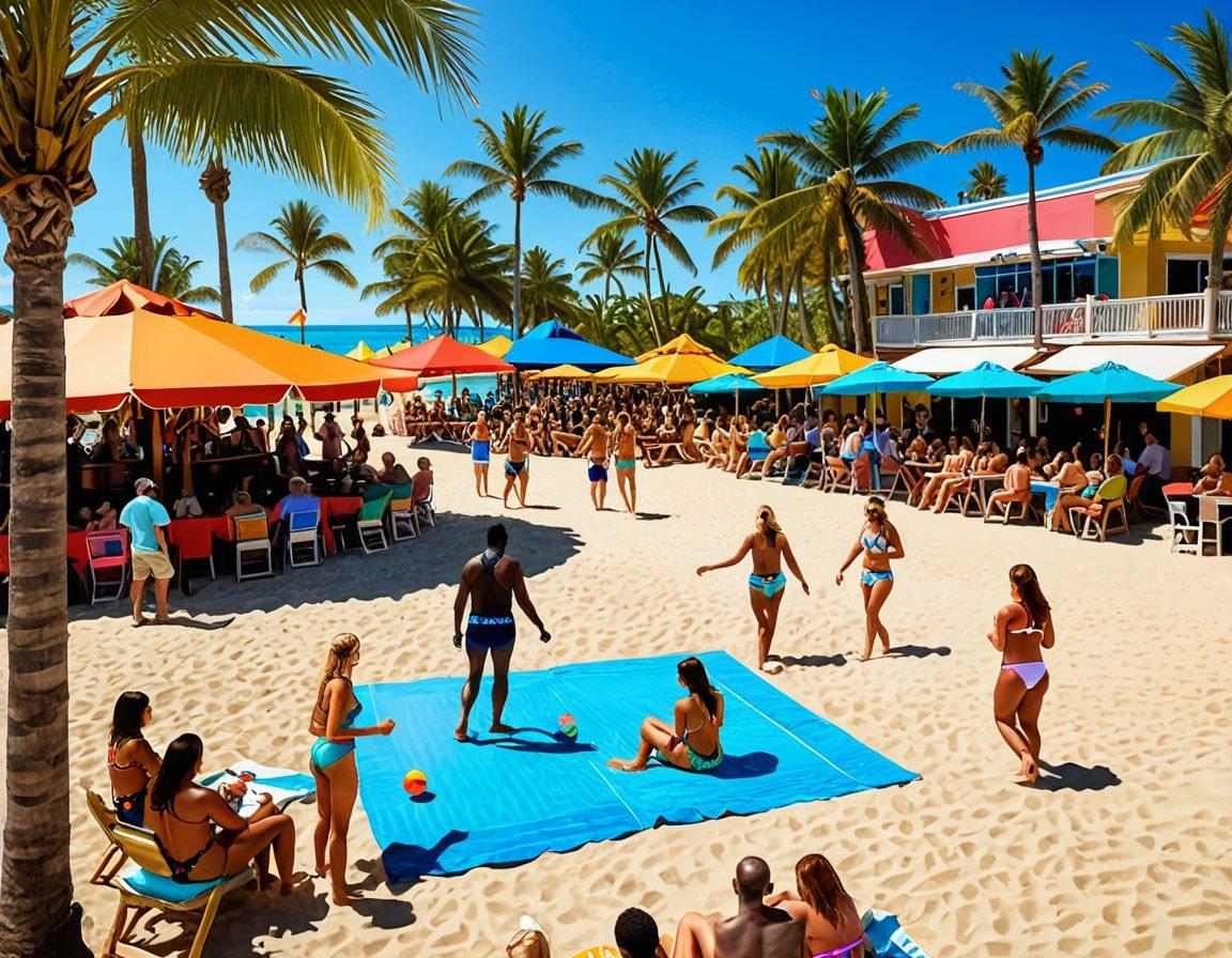 A lively beach scene with a diverse group of people in colorful bikinis enjoying social gaming activities and playing at a vibrant outdoor casino. Sunlight casts warm rays over laughter and excitement, while palm trees sway in the background. Include a shimmering ocean and playful beach games like beach volleyball and cornhole. Capture a sense of joy and community under the sun. bright colors. tropical aesthetic. summer vibes.